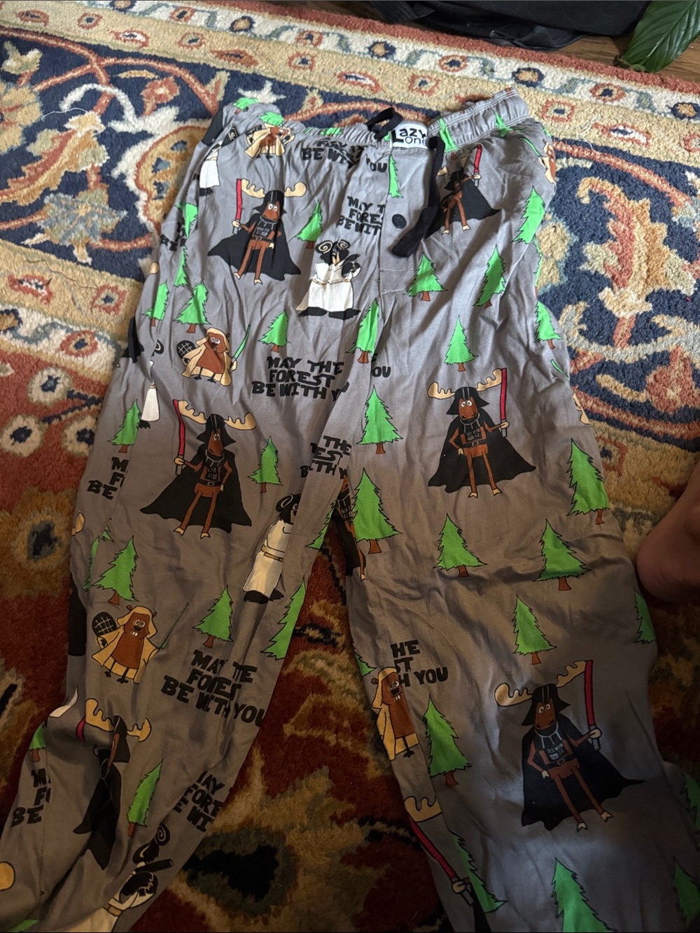 Lazy One Gray Lounge Pants with Green Trees and Character Print